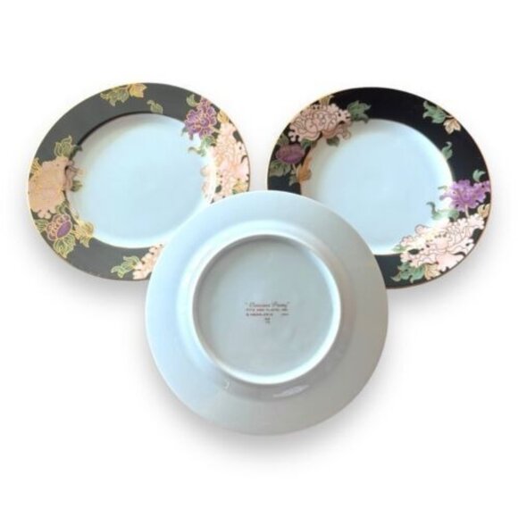 Fitz & Floyd Cloisonne Peony Black 7.5" Salad Plates Lot of 3 - Picture 2 of 3